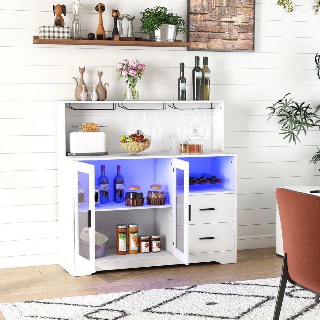 Armário Bar para Sala de Jantar, 120 x 40 x 115,5 cm, Iluminação LED de 7 Cores, Branco