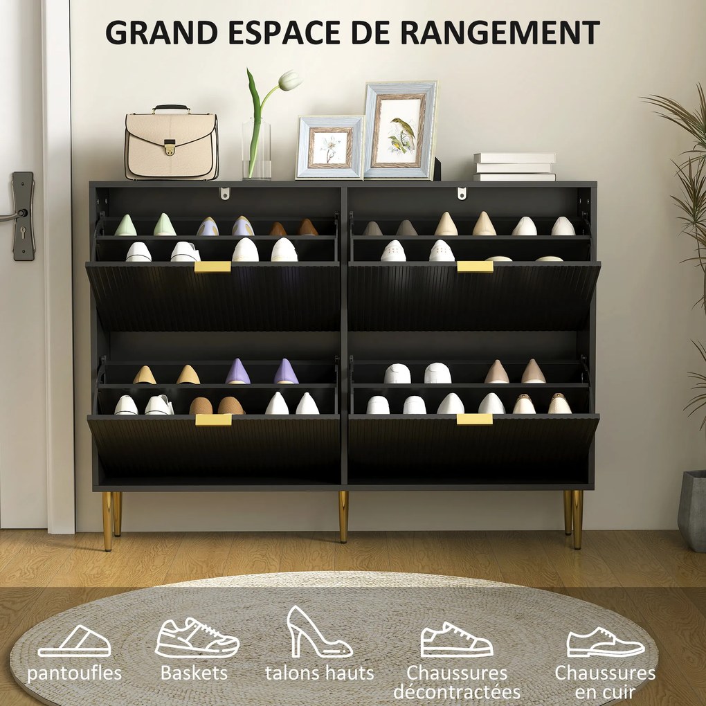 Sapateira com capacidade para 20 pares 105 x 24 x 91,5 cm, com 4 gavetas rebatíveis, portas caneladas e prateleiras ajustáveis, preto