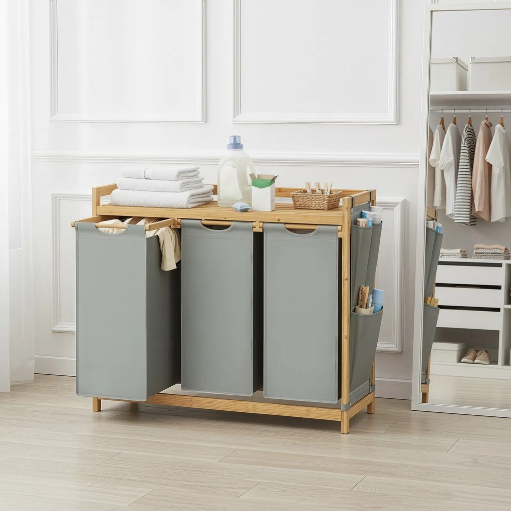 Cesto da roupa suja com 3 compartimentos, bambu, 150 L, 93,8 x 33,8 x 78 cm cinzento