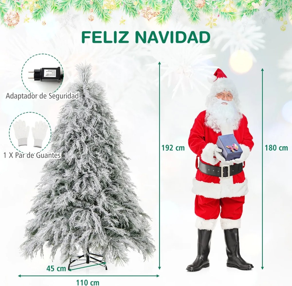 Árvore de Natal com neve de 192 cm com luzes LED brancas quentes Agulhas de pinheiro e folhas de salgueiro Decoração pré-iluminada Verde e Branco