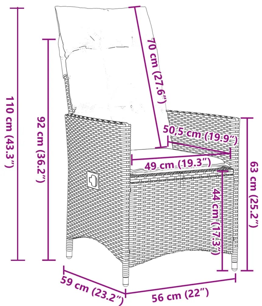 Cadeiras jardim reclináveis 2 pcs c/ almofadões vime PE cinza