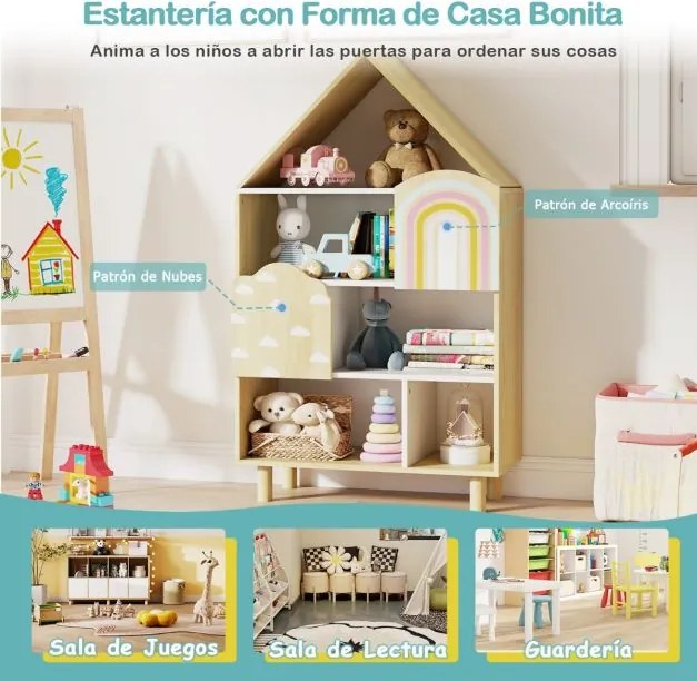 Estante infantil em forma de casa com compartimentos abertos 60 x 30 x 101 cm e pés em madeira de pinho Natural