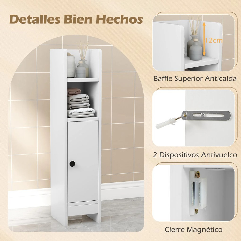 Conjunto de 2 armários de casa de banho 20 cm x 18 cm x 80 cm com porta e estantes ajustáveis, suporte para papel higiénico e organizador para casa de
