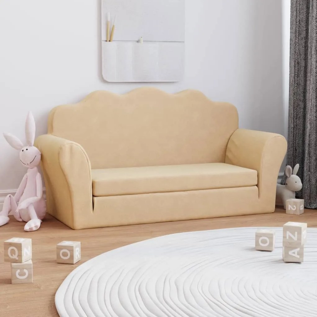 341878 vidaXL Sofá-cama infantil de 2 lugares pelúcia cor creme
