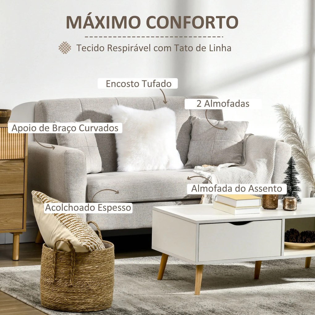 HOMCOM Sofá de 2 Lugares Estofado em Linho Sintético Sofá Moderno de Sala de Estar com 2 Almofadas Amovíveis Apoio para os Braços e Pés de Madeira 149x76,5x86cm Creme