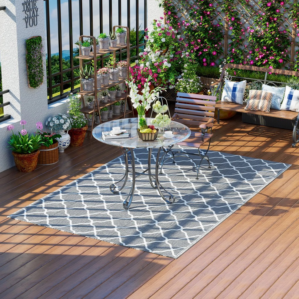 Outsunny Tapete de Exterior 182x274cm Tapete Moderno Reversível de Plástico Impermeável para Varanda Campismo Praia Cinza e Branco