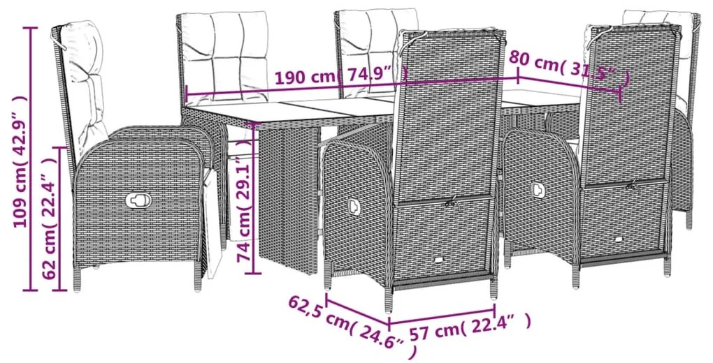 7 pcs conjunto de jantar p/ jardim c/ almofadões vime PE cinza