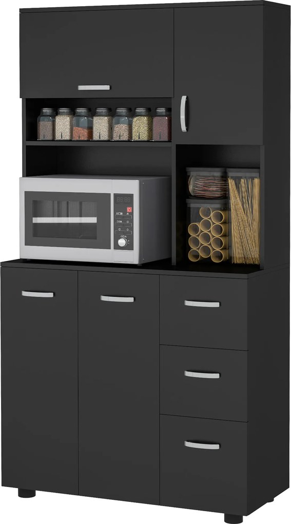 Armário de cozinha com vários compartimentos, 4 portas, 3 gavetas, prateleira + tabuleiro grande, 89 x 39,5 x 168 cm, preto