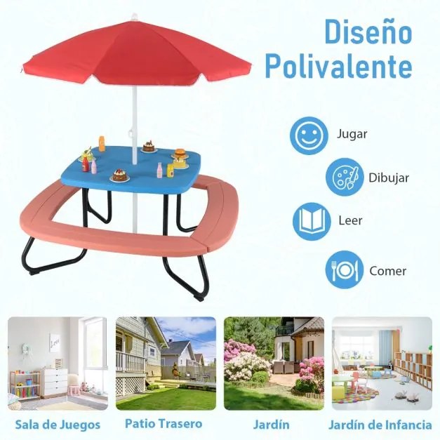 Mesa de atividades jardim crianças com guarda-sol ajustável e dobrável, 4 bancos incorporados até 8 crianças, 125 × 125 × 100-160 cm  azul