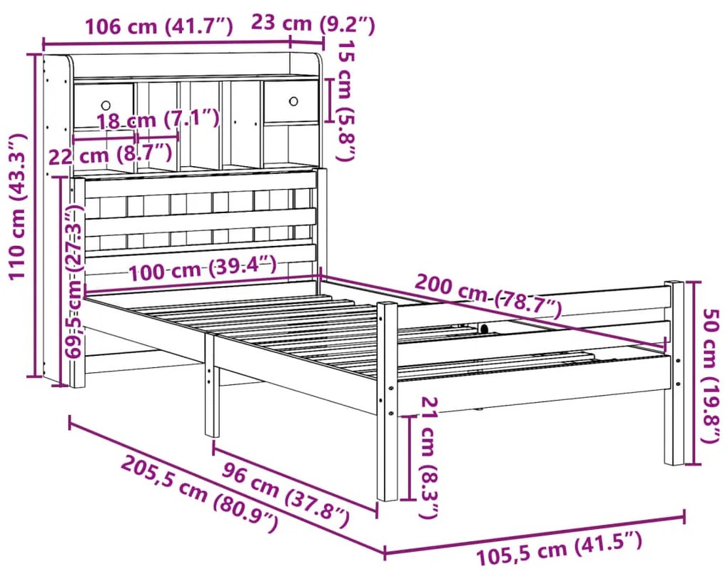 Cama com estante sem colchão 100x200 cm pinho maciço
