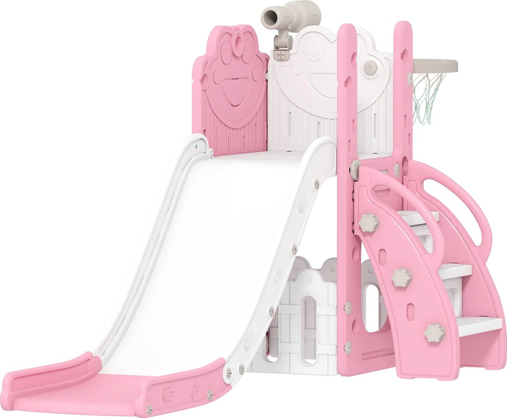 AIYAPLAY Conjunto de escorrega 5 em 1, telescópio, cesto de basquete, HDPE, plástico, Rosa+Branco | Aosom Portugal
