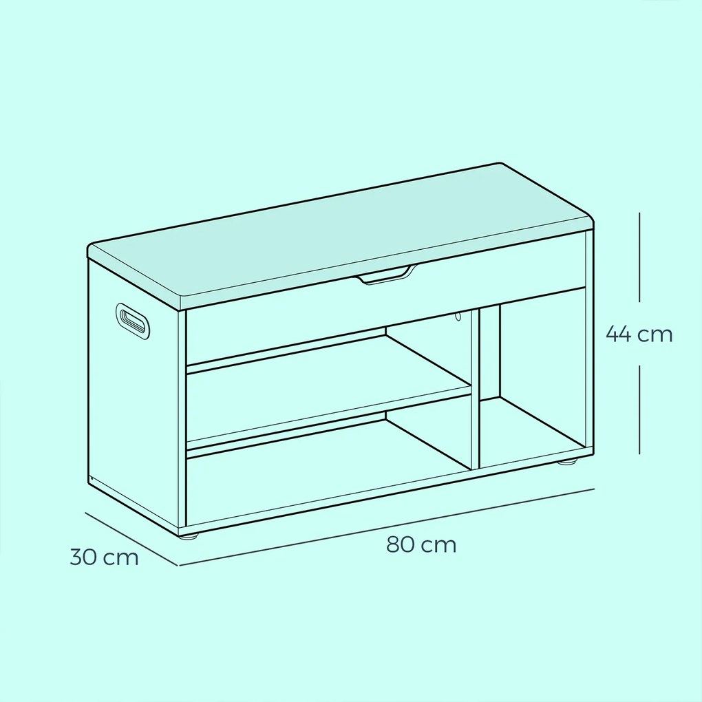 Banco sapateira com espaço de arrumação, estofado, com 3 compartimentos abertos 30 x 100 x 44 cm branco