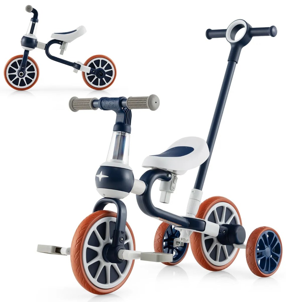 Triciclo infantil 2-4 anos Bicicleta sem pedais 4 em 1 com pedais reguláveis ​​em altura e rodas salientes 37 x 72 x 101 cm Azul