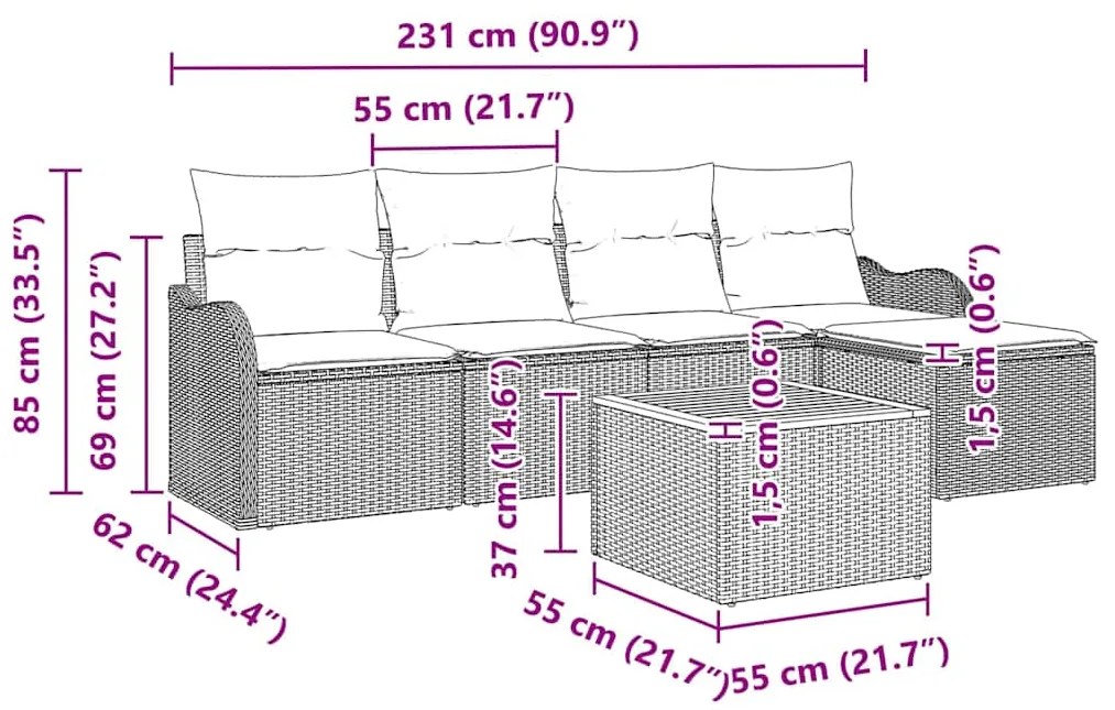 Conjunto de Sofás de Jardim com 6 Peças e Almofadas Beiges, Polyrattan