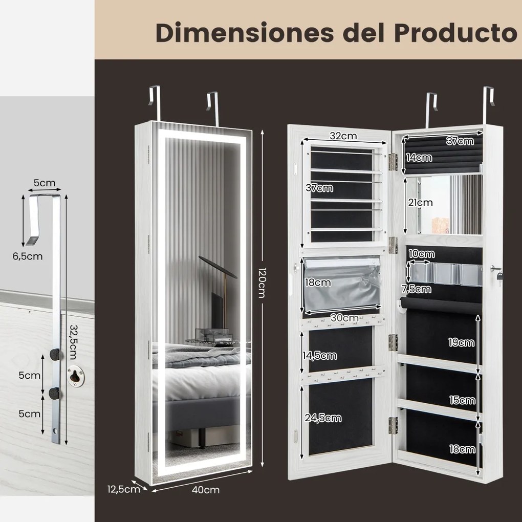 Armário para jóias com espelho LED 120 cm Luzes LED para espelhos 3 cores Espelho para maquilhagem e fecho magnético da porta Branco