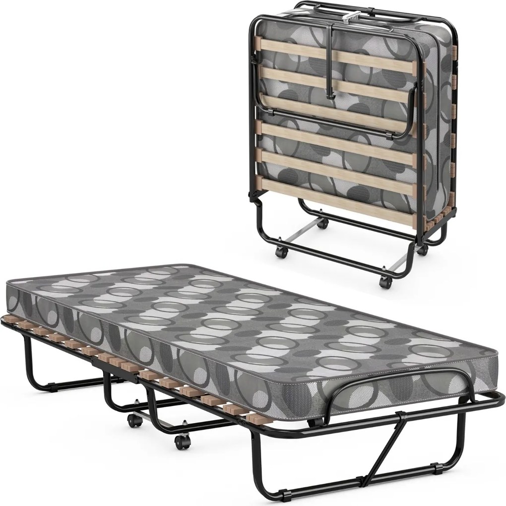 Cama dobrável com colchão Cama de hóspedes portátil com rodas em espuma de memória Estrutura de aço 190 x 80 x 33 cm Cinzento