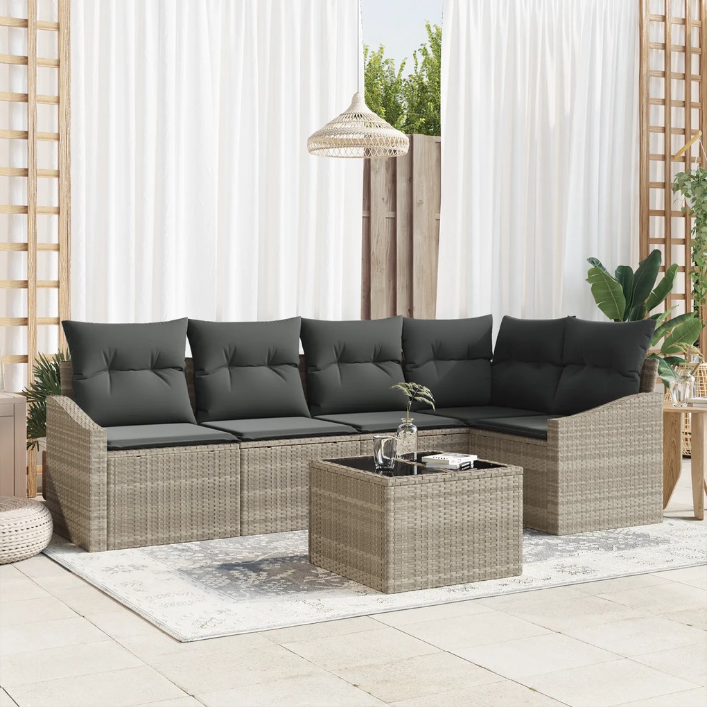 Conjunto de Jantar de Jardim de 6 Peças com Almofadas Cinzas em Rattan