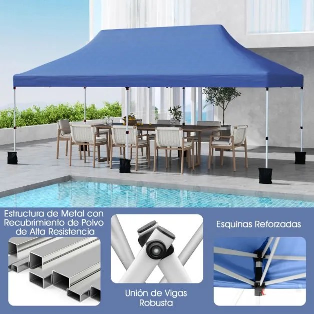 Tenda festas, eventos de 3 x 6 m com pesos e bolsa de transporte dobrável com altura ajustável Pavilhão de jardim Azul