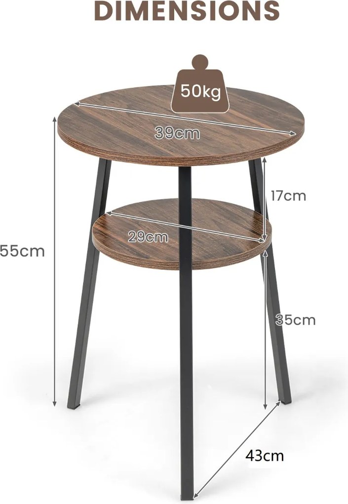 Mesa Auxiliar Redonda de 2 Níveis, 43 x 39 x 55 cm, Estrutura Metálica Robusta, Castanho