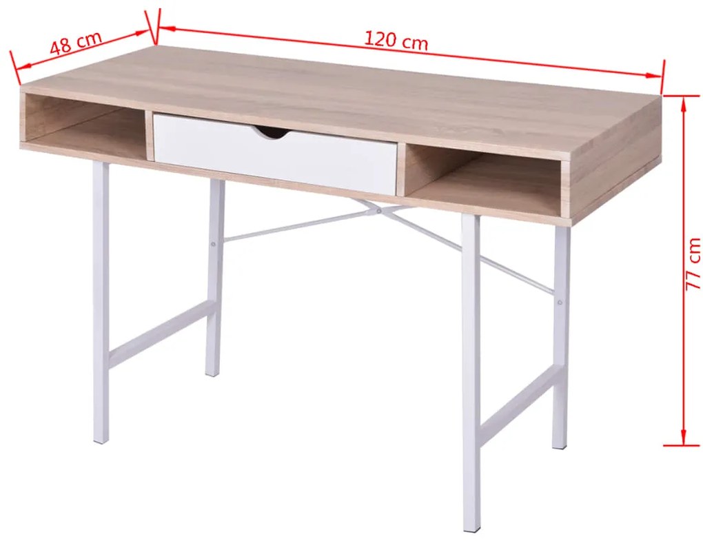 Mesa com 1 gaveta, cor carvalho e branco