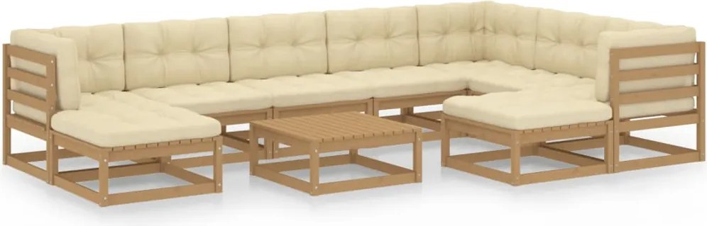 vidaXL 10pcs conj. lounge ext. c/ almofadões pinho maciço castanho-mel