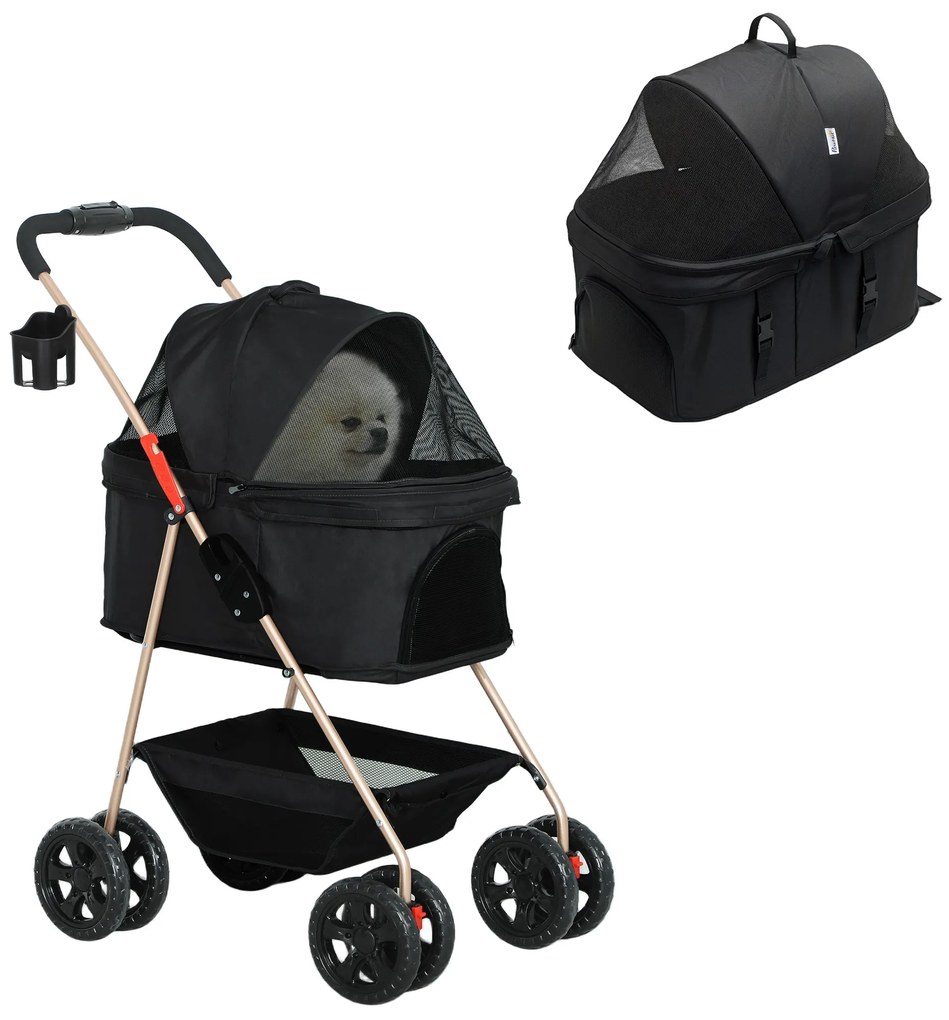 Carrinho para Cães Dobrável 3 em 1 Carrinho para Cães Miniatura com Cesta de Armazenamento Janela de Malha 76x50x102 cm Preto