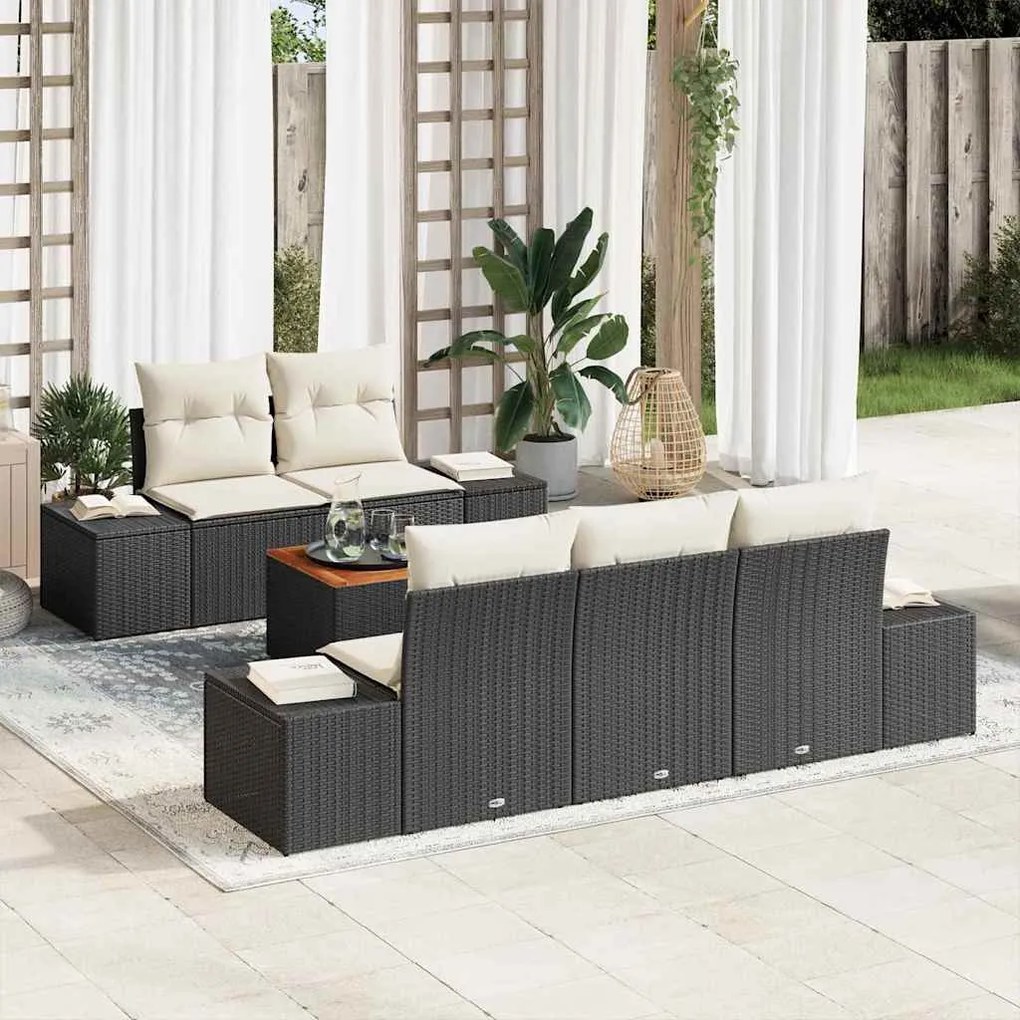 vidaXL Conjunto de Sofá de Jardim com 6 Peças e Almofadas de Rattan Preto e Acácia