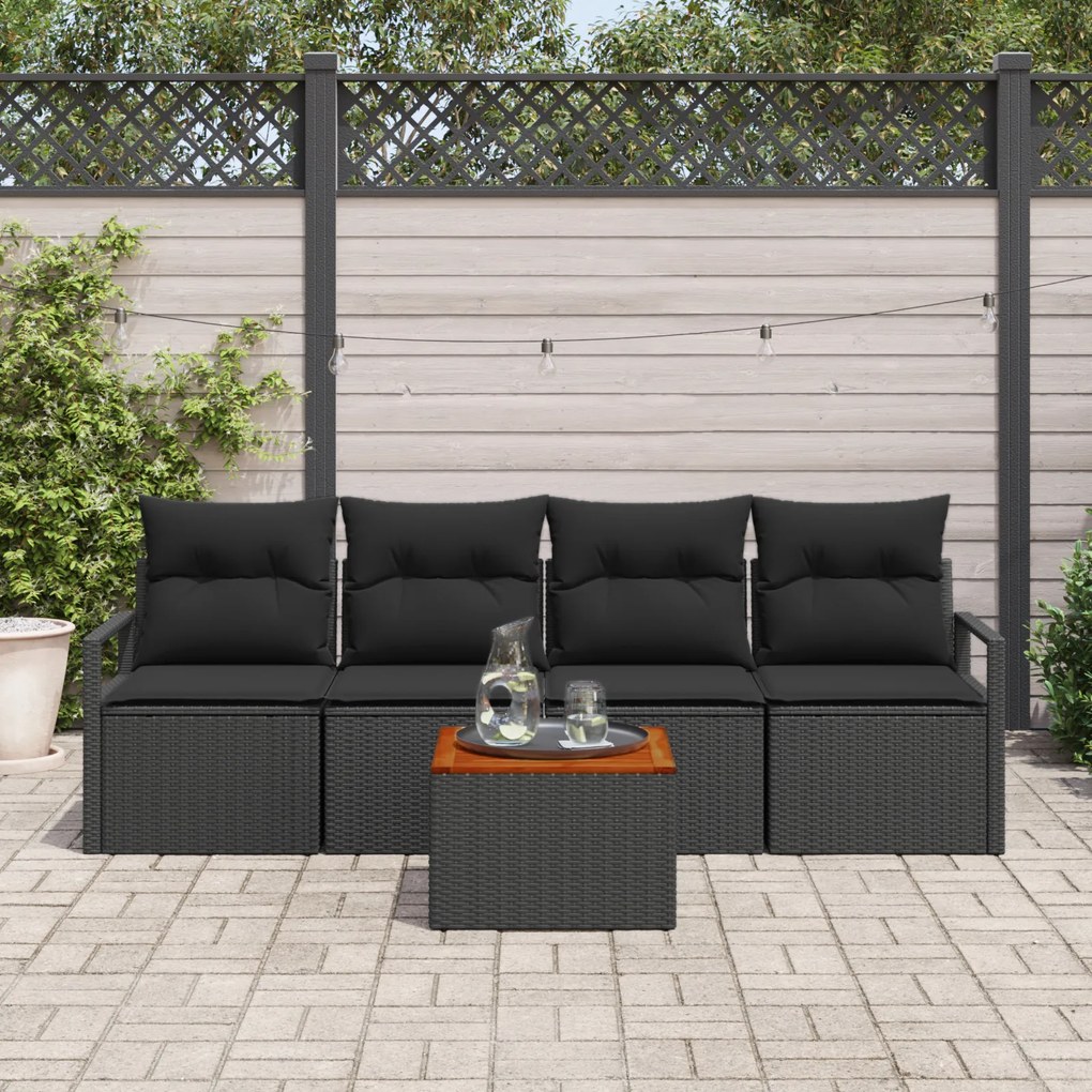 Conjunto de Sofá de Jardim vidaXL 5 Peças com Almofadas Preto Rattan A