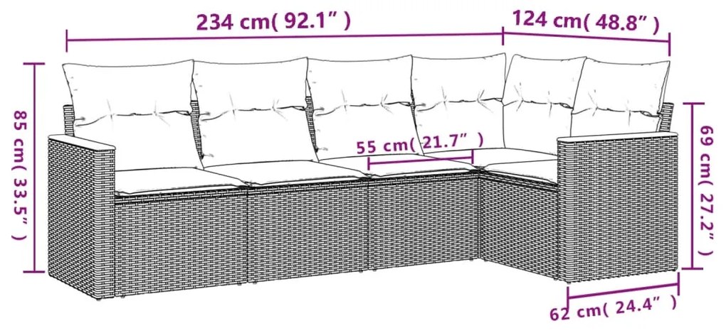 5 pcs conjunto de sofás p/ jardim com almofadões vime PE bege