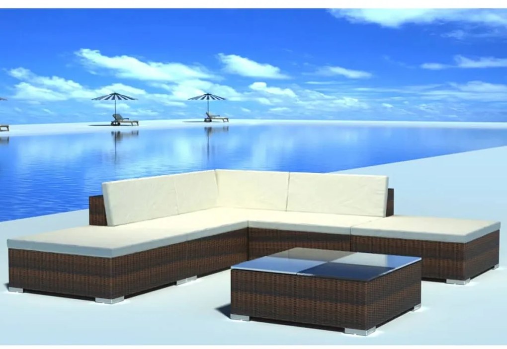 6 pcs conjunto lounge jardim c/ almofadões vime PE castanho