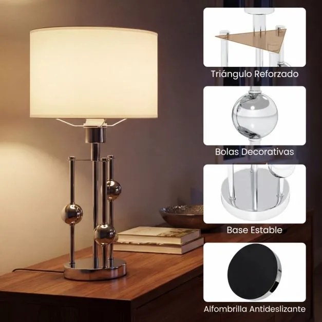 Candeeiro de mesa moderno com base E27 Abajur de linho Bolas decorativas para quarto Sala de estar Estúdio Prateado + Branco