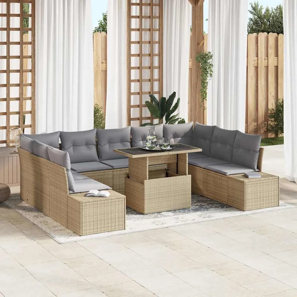 vidaXL Conjunto de Sofás de Jardim com 10 Peças e Almofadas Bege de Rattan Sintético