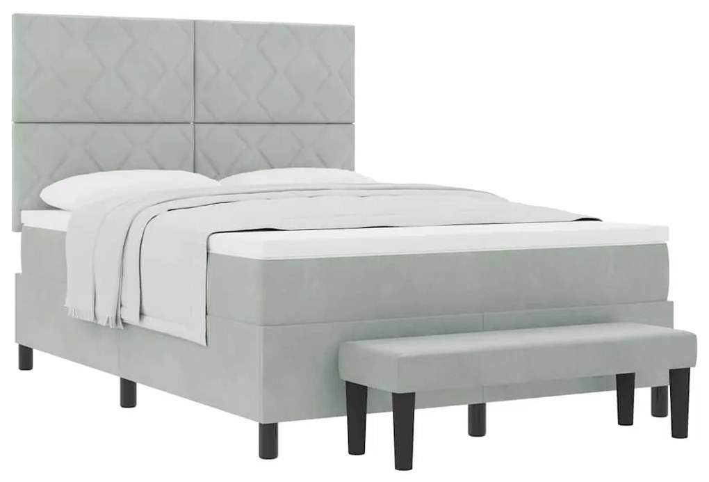 Cama Box Spring com Colchão &amp; Banco Cinza Claro 140x200 cm Veludo