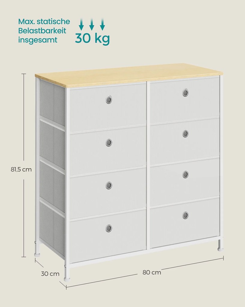 Cómoda com 8 gavetas tecido com estrutura metálica para sala de estar, quarto 30 x 80 x 81,5 cm creme branco carvalho