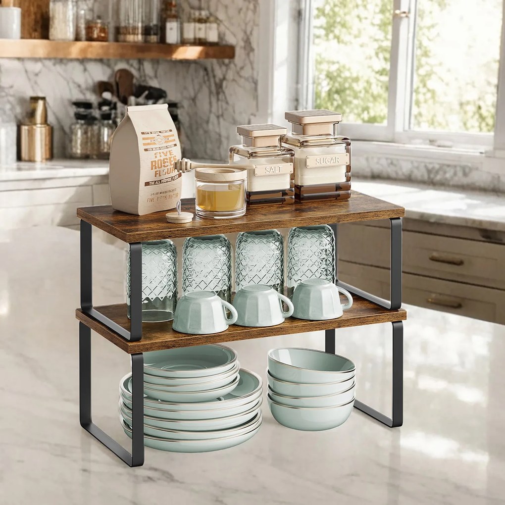 Conjunto de 2 prateleiras de cozinha, armazenamento de cozinha castanho-preto