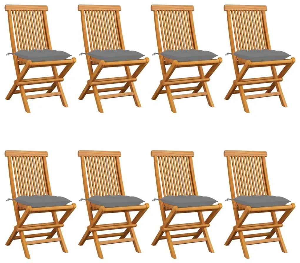 3072933 vidaXL Cadeiras de jardim c/ almofadões cinzentos 8 pcs teca maciça