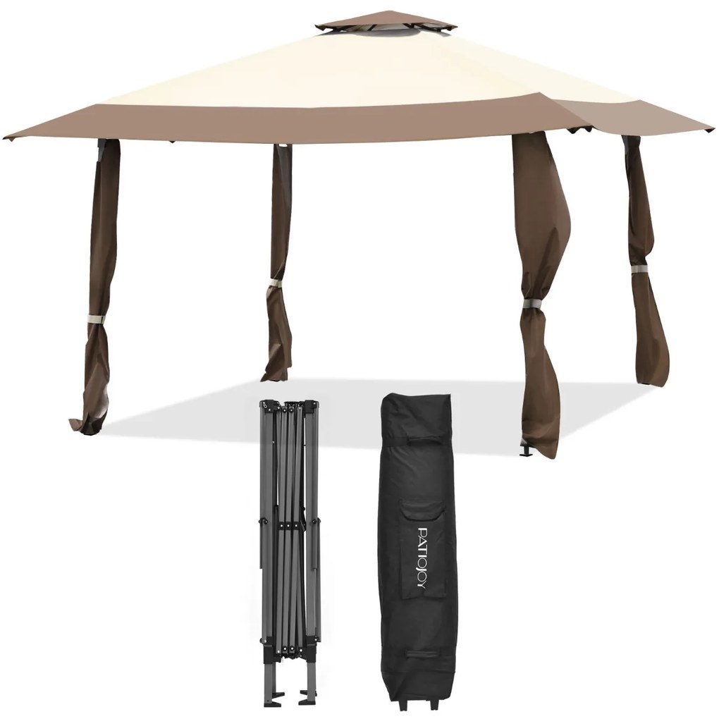 Pérgola 3 x 3 M Pop Up com Telhado de 2 Níveis 2 Tecido Oxford 3 Alturas Ajustáveis para jardim Castanho e Bege