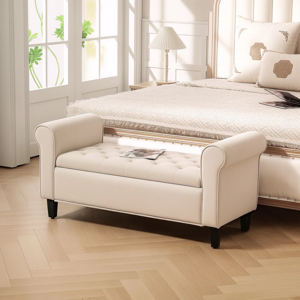 Banco para o Fundo da Cama com Arrumação, 126 x 48,5 x 57 cm, Design Capitonado, Bege