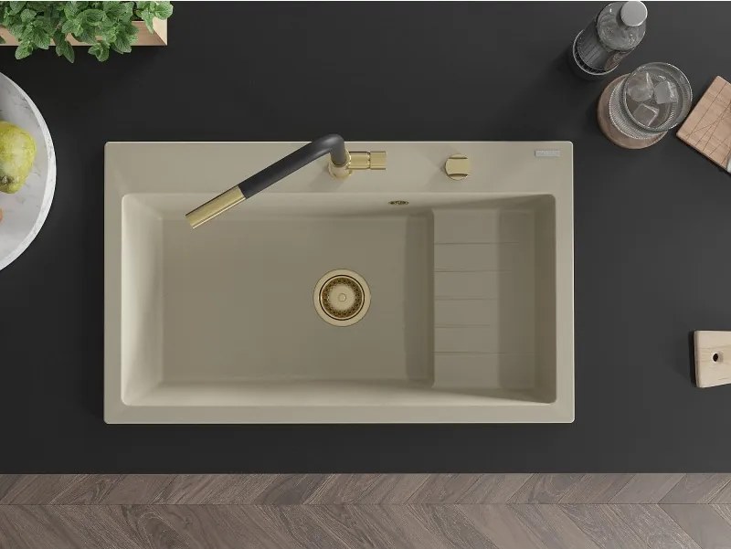 Mexen Omar lava-loiça de granito de 1 cuba 800 x 480 mm, bege, sifão dourado - 6520801005-69-G
