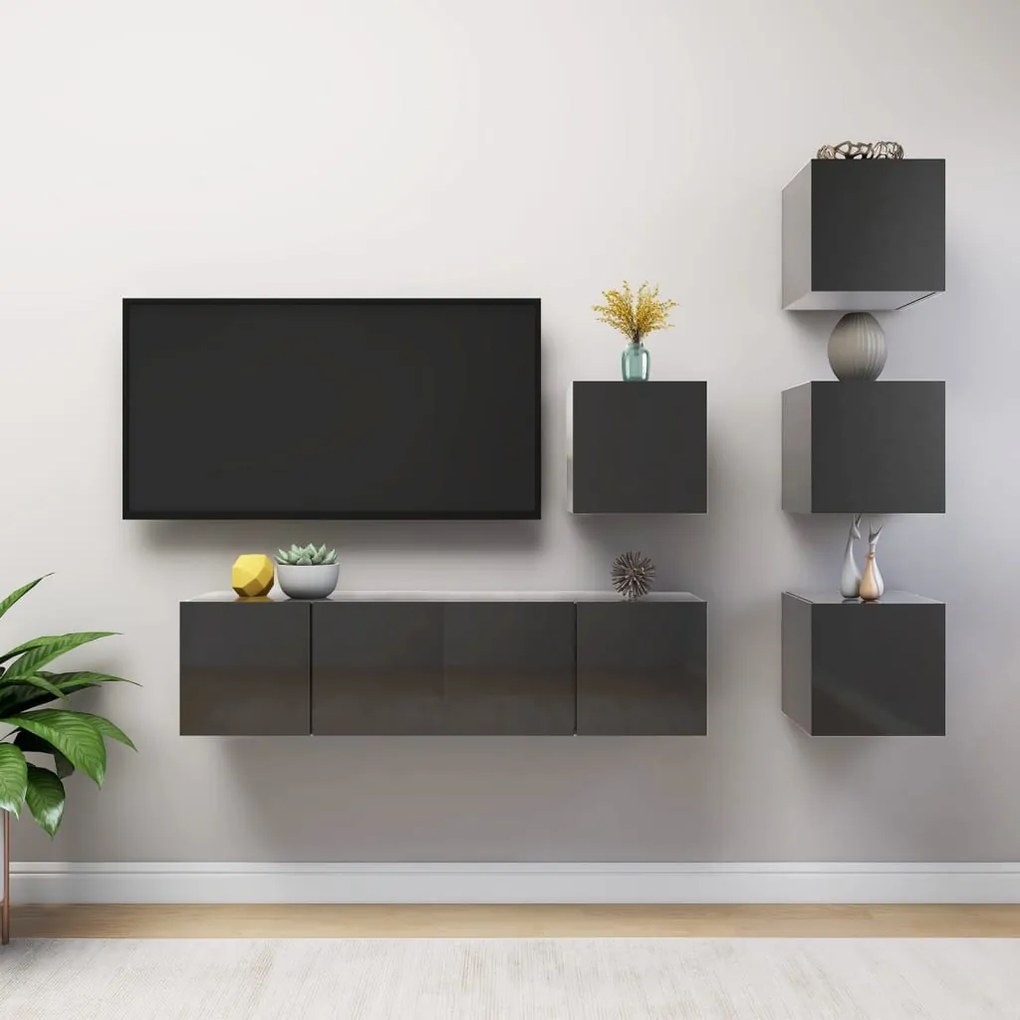 vidaXL 6 pcs conjunto de móveis de TV contraplacado cinzento brilhante