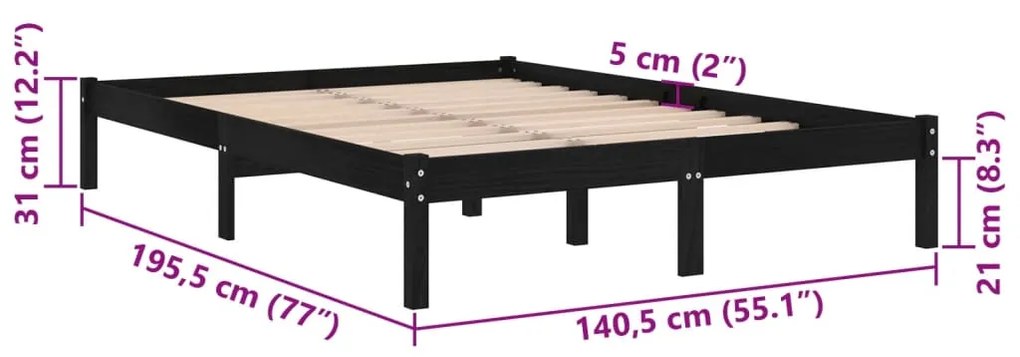 Estrutura de cama casal 135x190 cm madeira maciça preto