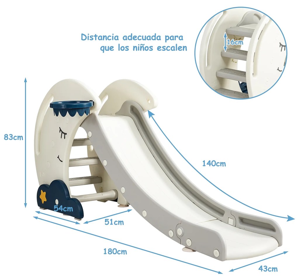 Escorrega para crianças em forma de lua dobrável com escadas e cesto de basquetebol Estável e seguro 180 x 43 x 83 cm Branco e Azul