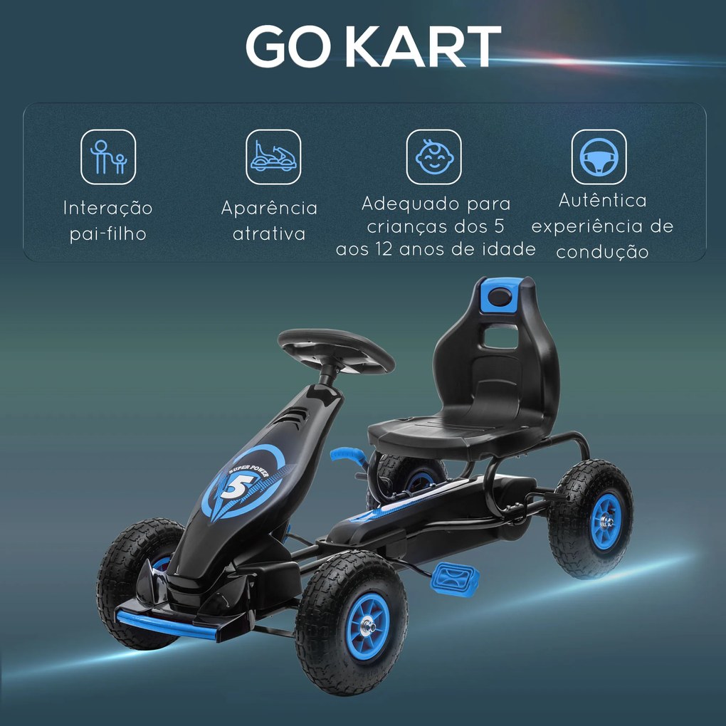 HOMCOM Kart a Pedais para Crianças 5-12 Anos Kart a Pedais Infantil com Assento Ajustável Pneus Insufláveis Amortecimento e Travão de Mão Carga Máx. 50kg 121x58x61cm Azul