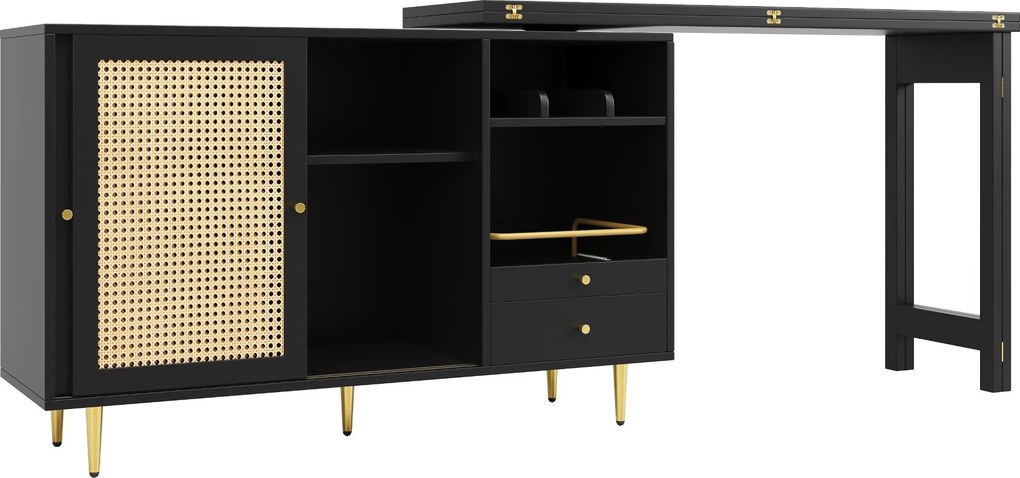 Mesa alta giratória 360° de design extensível com tampo rebatível, armário de arrumação com porta em rattan + prateleira aberta, 107x40x71,4 cm, Preto