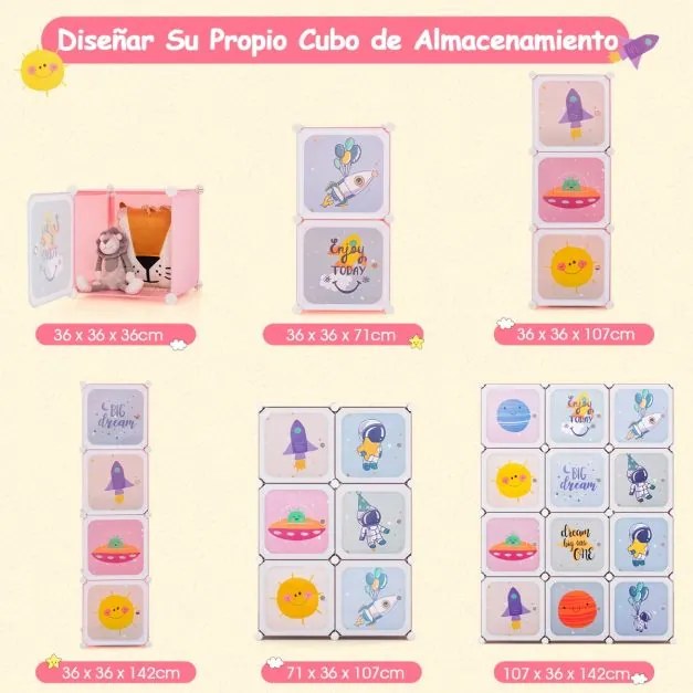 Guarda roupa Infantil de 12 Cubos para Bebéscom 2 secções para pendurar 107 x 36 x 142 cm Rosa
