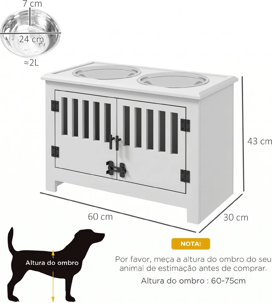 Comedouro Elevado para Cães com 2 Tigelas em Aço Inoxidável 2x2 L, Arrumação 37 L e 2 Portas com Trincos, Branco