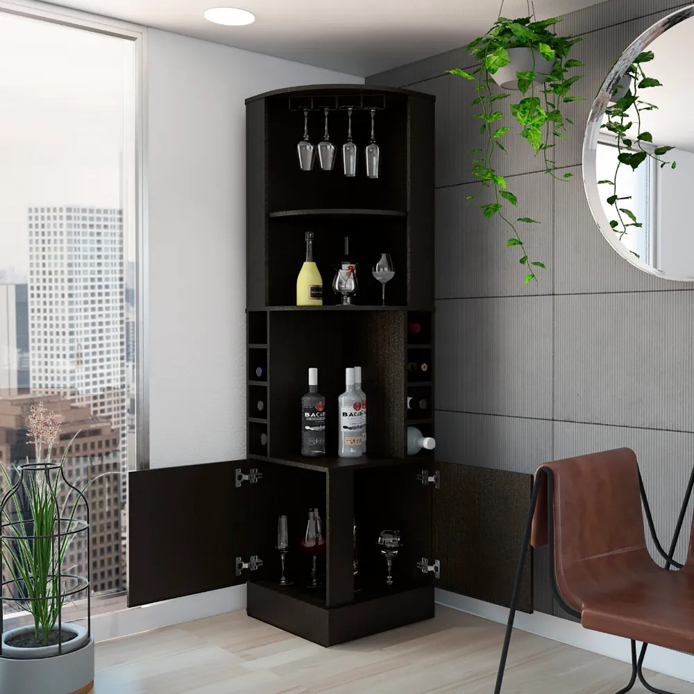 Armário de bar de canto syrah, 180.6CM A X 46.9CM An X 46.9CM P, Preto