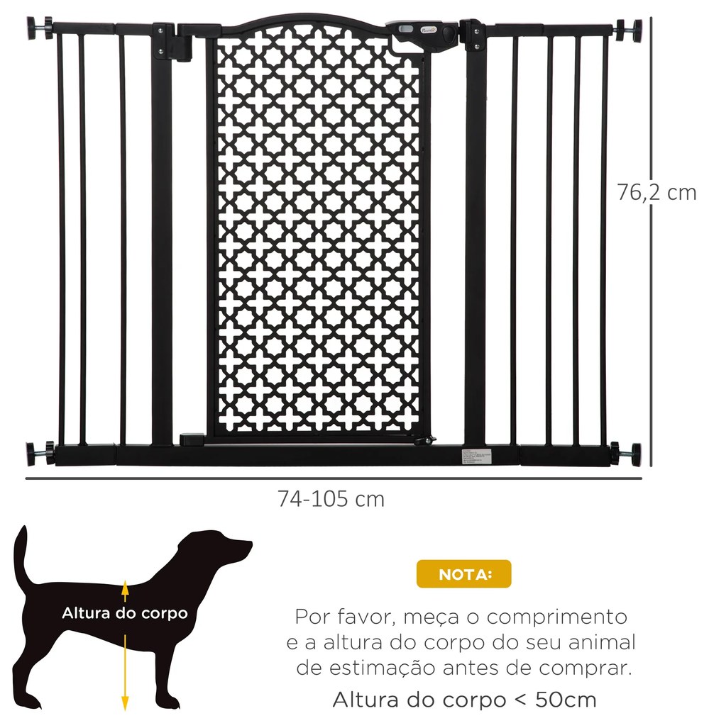 PawHut Barreira de Segurança para Cães Animais de Estimação para Portas Escadas Corredores 74-105cm com 2 Extensões de 10/15cm com Porta e Fechadura Automática Aço Preto