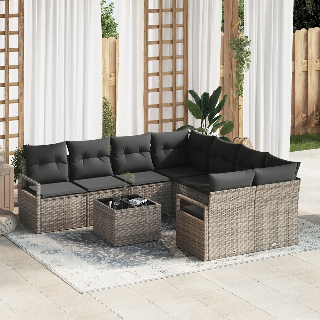 Conjunto de Sofá vidaXL de 9 Peças para Jardim com Almofadas Cinzento