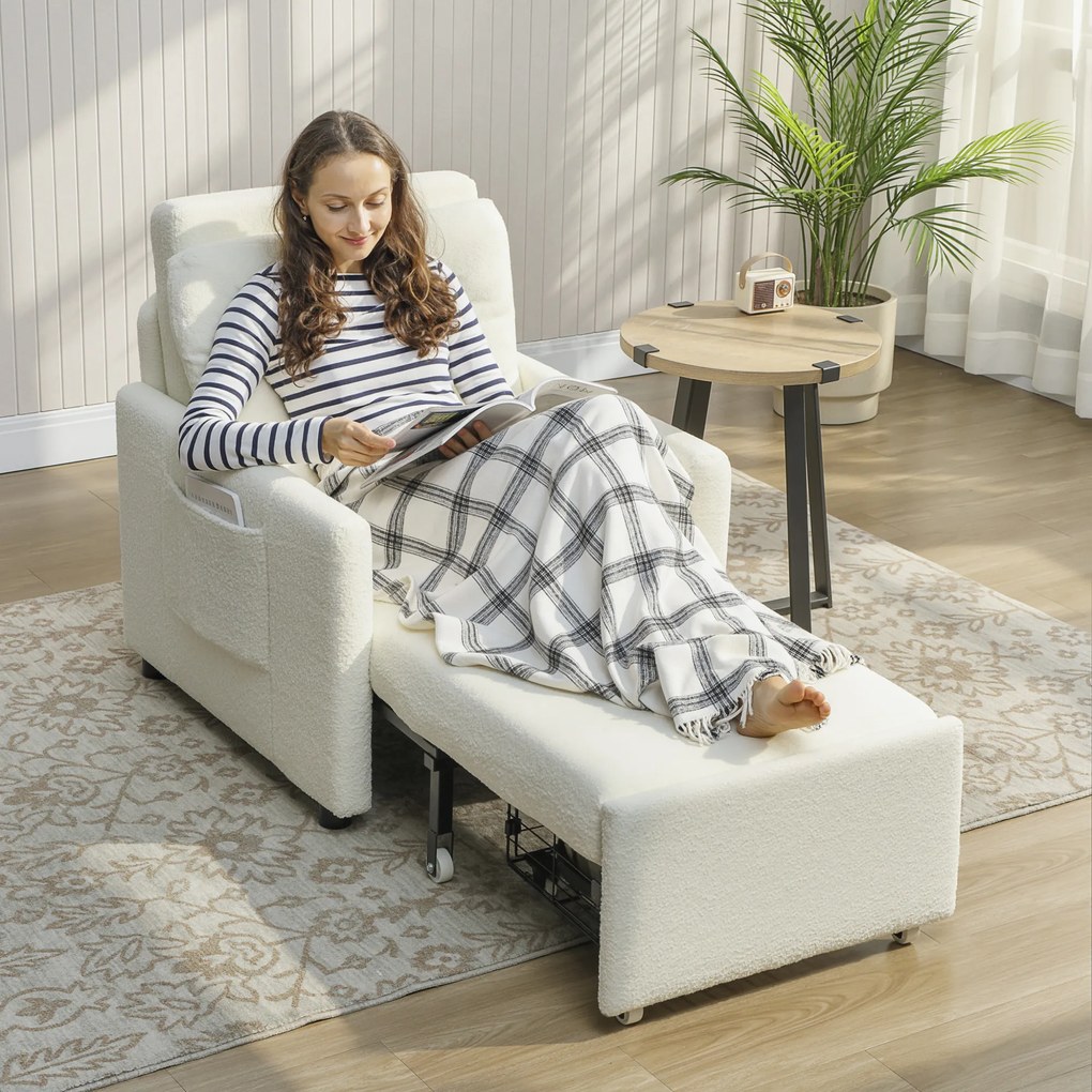 Poltrona-Cama Convertível de 1 Lugar, 85,5 x 72 x 91 cm, Arrumação Escondida, Creme